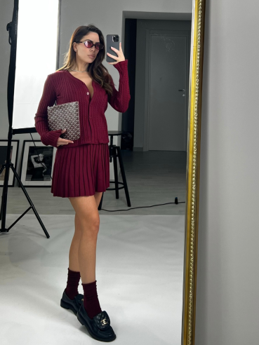 Set cardigan + gonna pieghe bordeaux