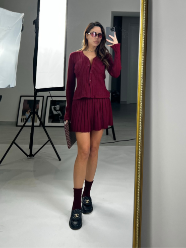 Set cardigan + gonna pieghe bordeaux