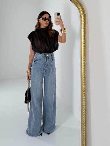 Denim wide leg con lacci