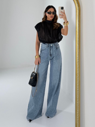 Denim wide leg con lacci