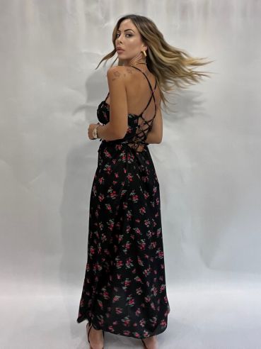 Abito satinato fiori rossi