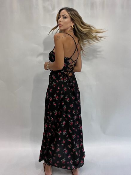 Abito satinato fiori rossi