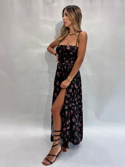 Abito satinato fiori rossi