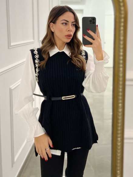 Gilet perla con camicia