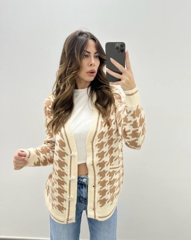 Cardigan pied de poule camel