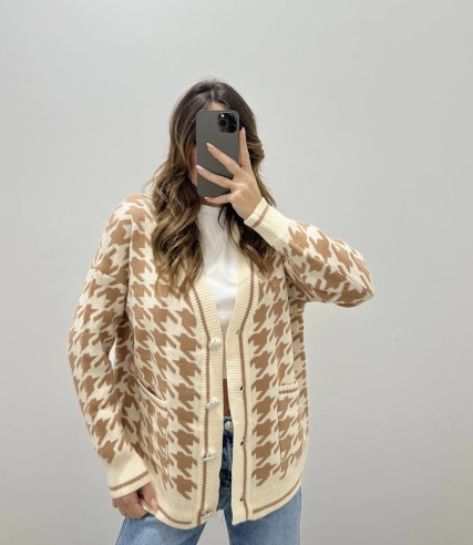 Cardigan pied de poule camel