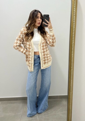 Cardigan pied de poule camel