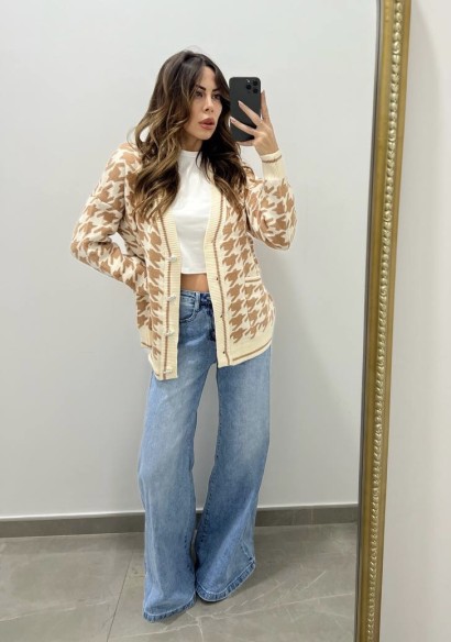 Cardigan pied de poule camel