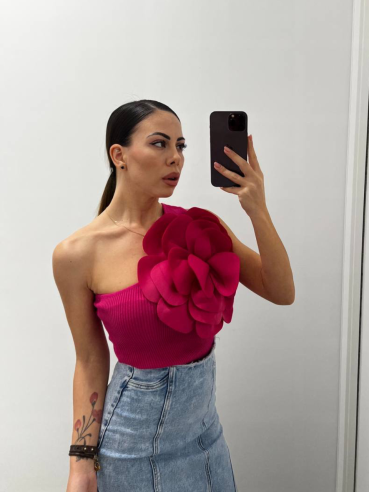 Top mono spalla Maxi Flower fucsia