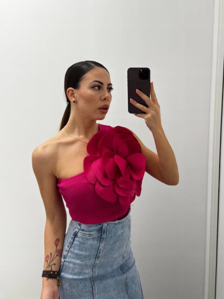Top mono spalla Maxi Flower fucsia