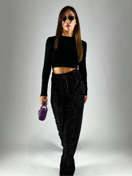 Pantalone Micro Strass Nero